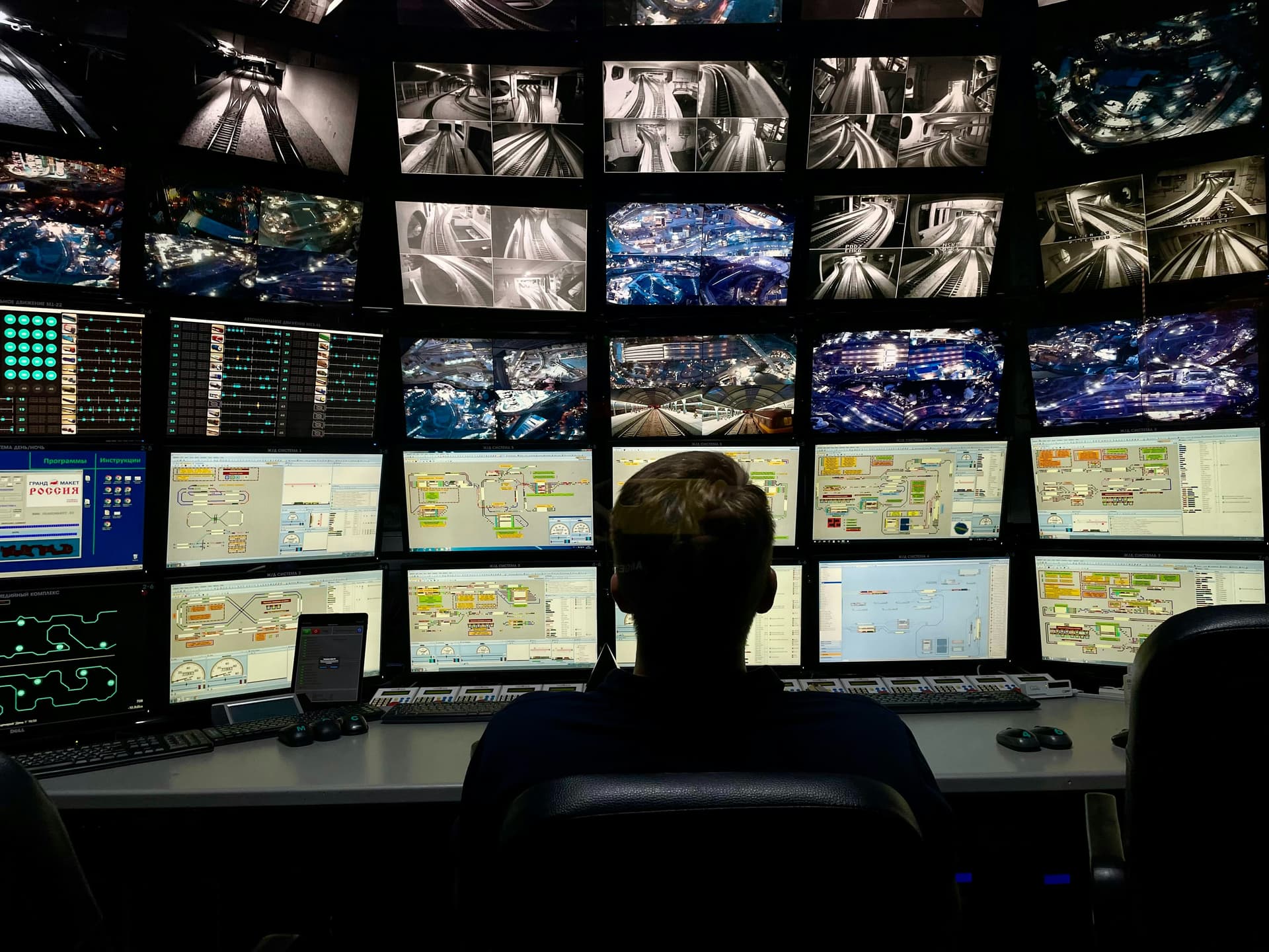 Operator at a modern multi-monitor control station with SCADA displays and surveillance feeds — the integrated operations environment AI tools plug into
